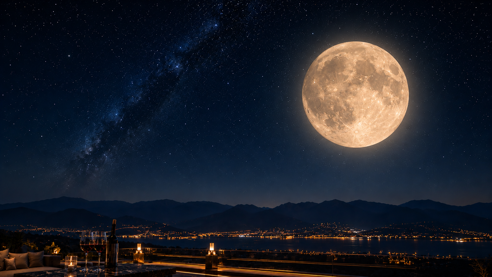 September full moon glowing over a dark mountain landscape