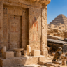 Ancient Egyptian tomb at Saqqara with hieroglyphs, funerary objects, sarcophagi and a falcon statue