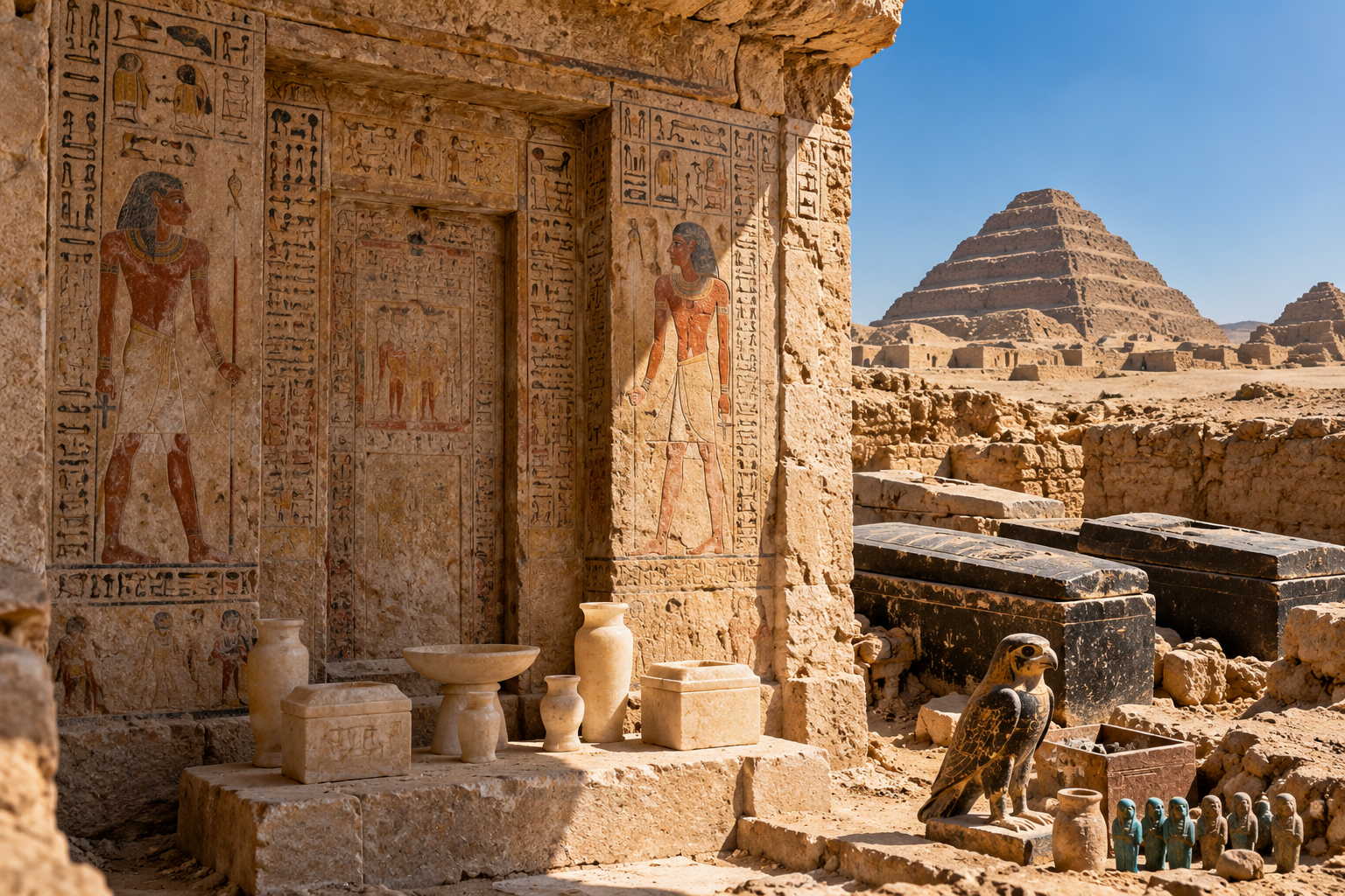 Ancient Egyptian tomb at Saqqara with hieroglyphs, funerary objects, sarcophagi and a falcon statue