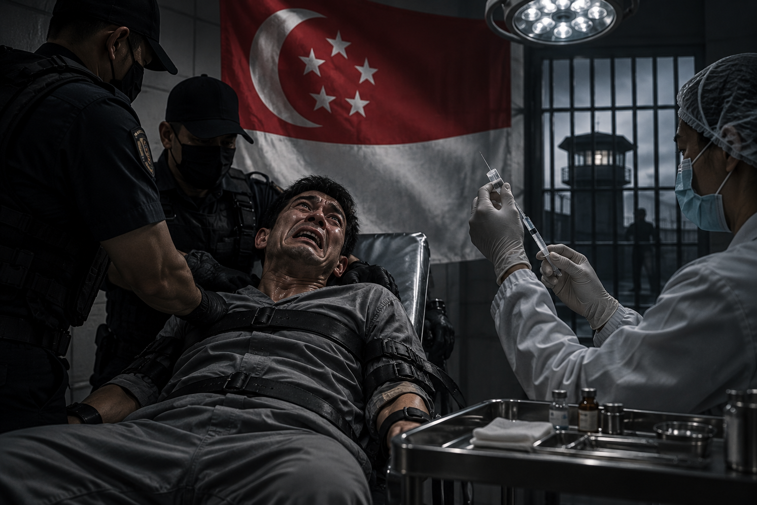 Illustration of a restrained sex offender facing forced chemical castration in Singapore