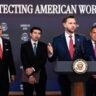 US government officials at a White House press conference announcing action against employment visa fraud