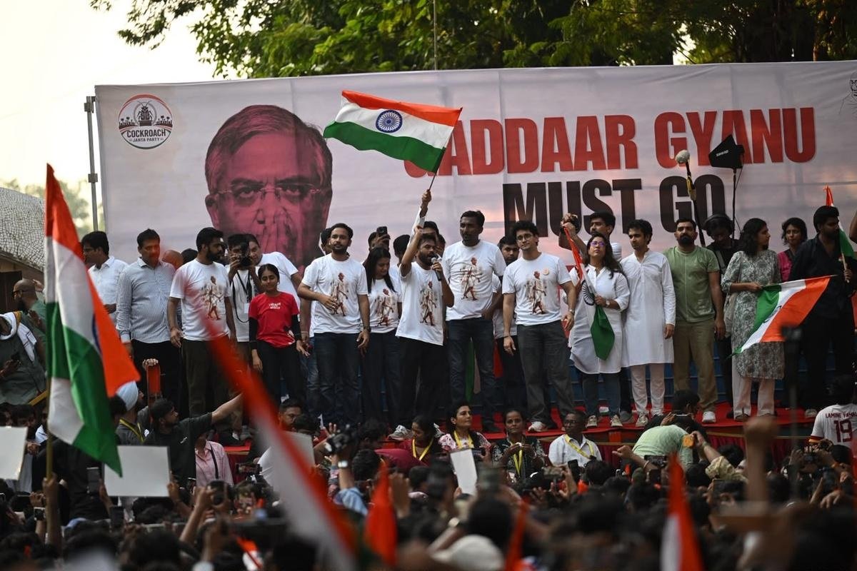 Protesters gather in Delhi during demonstrations against Chief Election Commissioner Gyanesh Kumar