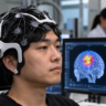 Non-invasive BCI headset monitoring brain activity in a research laboratory