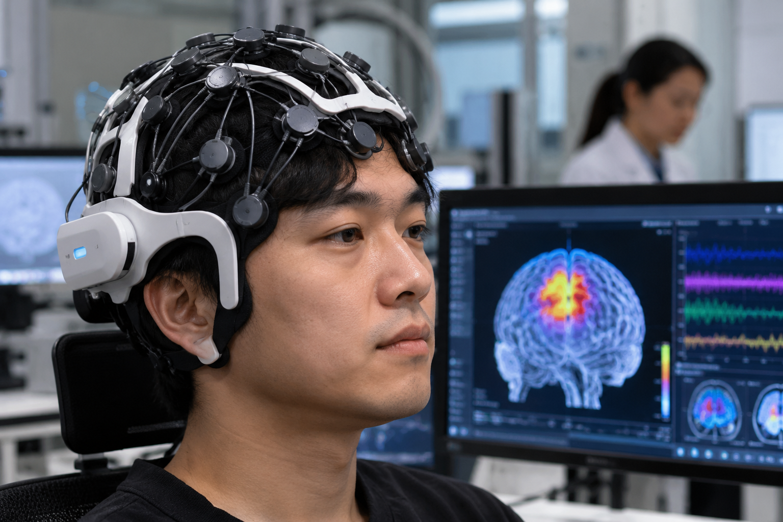 Non-invasive BCI headset monitoring brain activity in a research laboratory