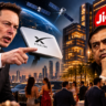 Elon Musk points toward a Starlink satellite dish as Mukesh Ambani looks on, with the Jio tower and a wealthy Indian city skyline in the background.