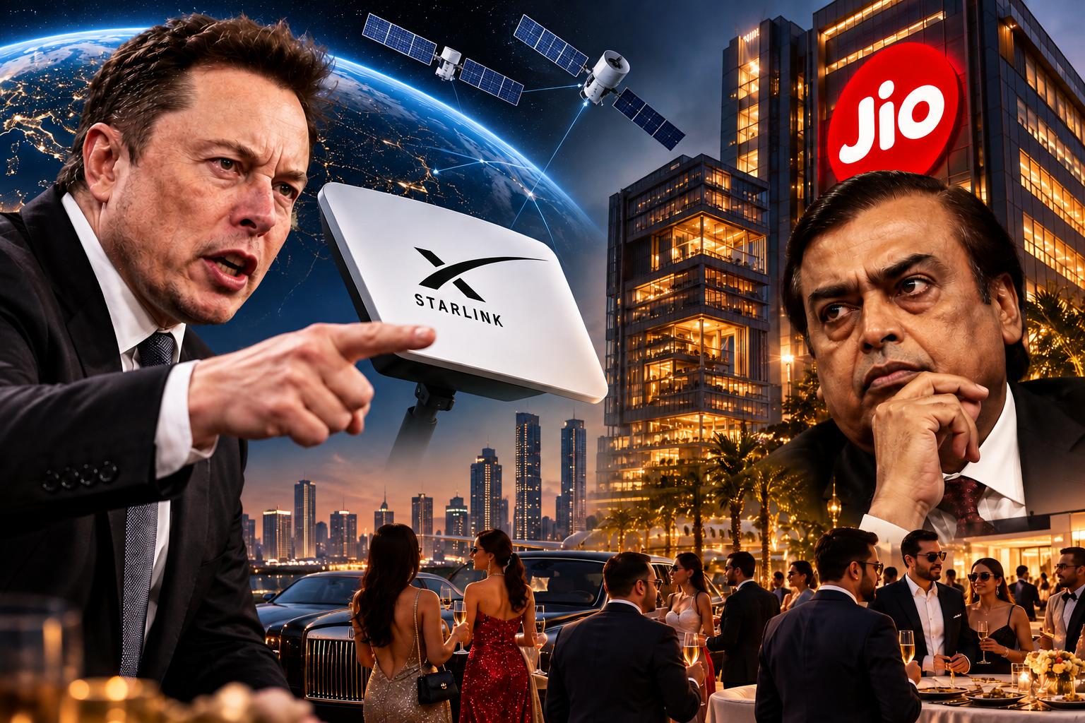 Elon Musk points toward a Starlink satellite dish as Mukesh Ambani looks on, with the Jio tower and a wealthy Indian city skyline in the background.