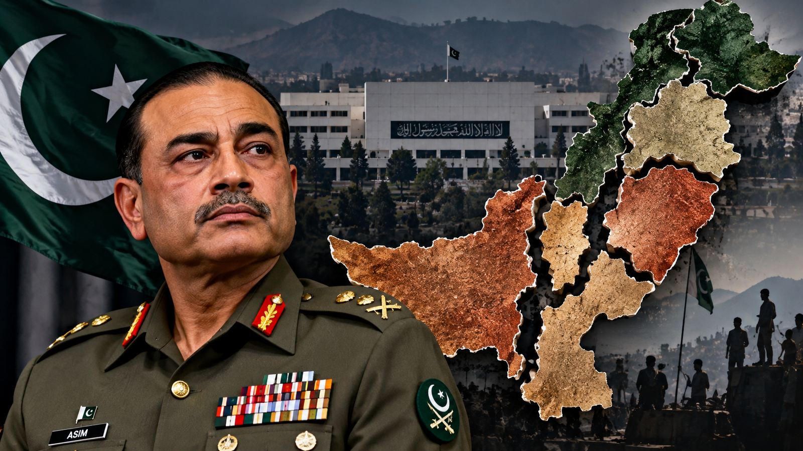 Illustrative composite of Pakistan’s military leadership and a divided map of Pakistan