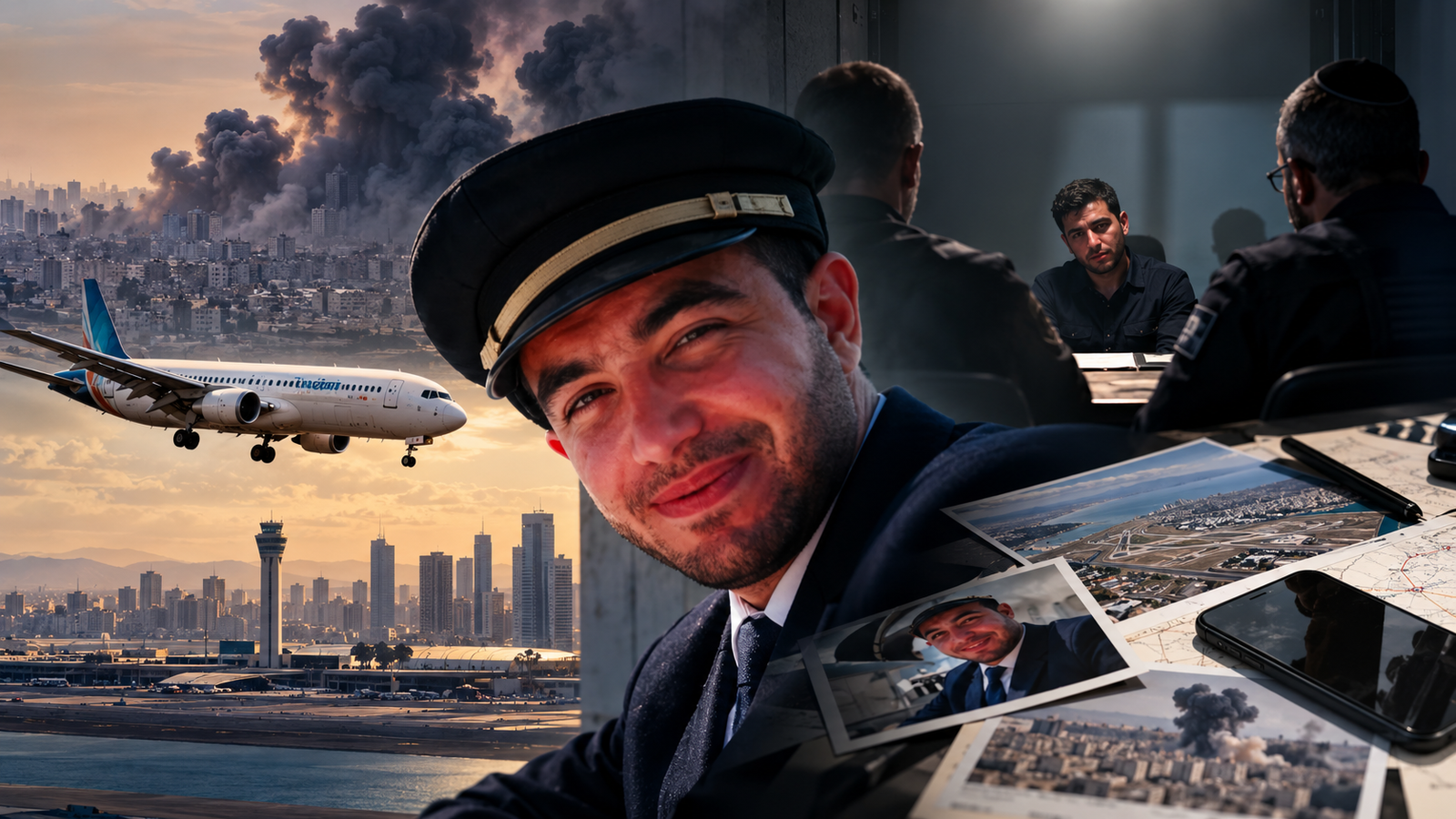 Omani co-pilot under investigation in a tense aviation terror investigation, with a commercial aircraft, airport and Gaza conflict imagery