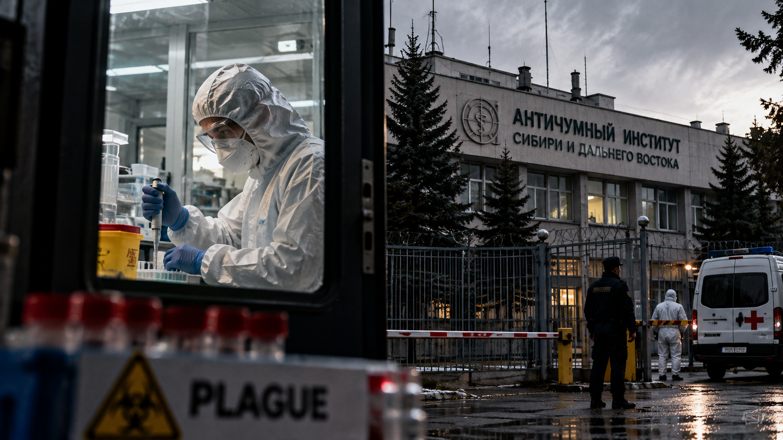 High-security laboratory and Russian anti-plague institute building illustrating the investigation into a laboratory worker's unexplained death.