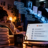 AI privacy illustration showing a woman’s private Claude conversations being monitored and shared with law enforcement
