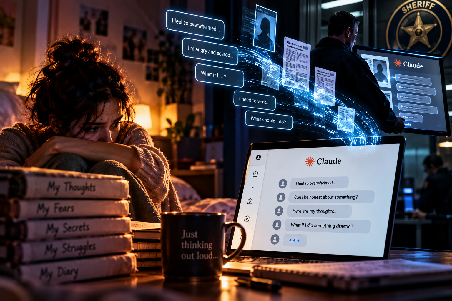 AI privacy illustration showing a woman’s private Claude conversations being monitored and shared with law enforcement