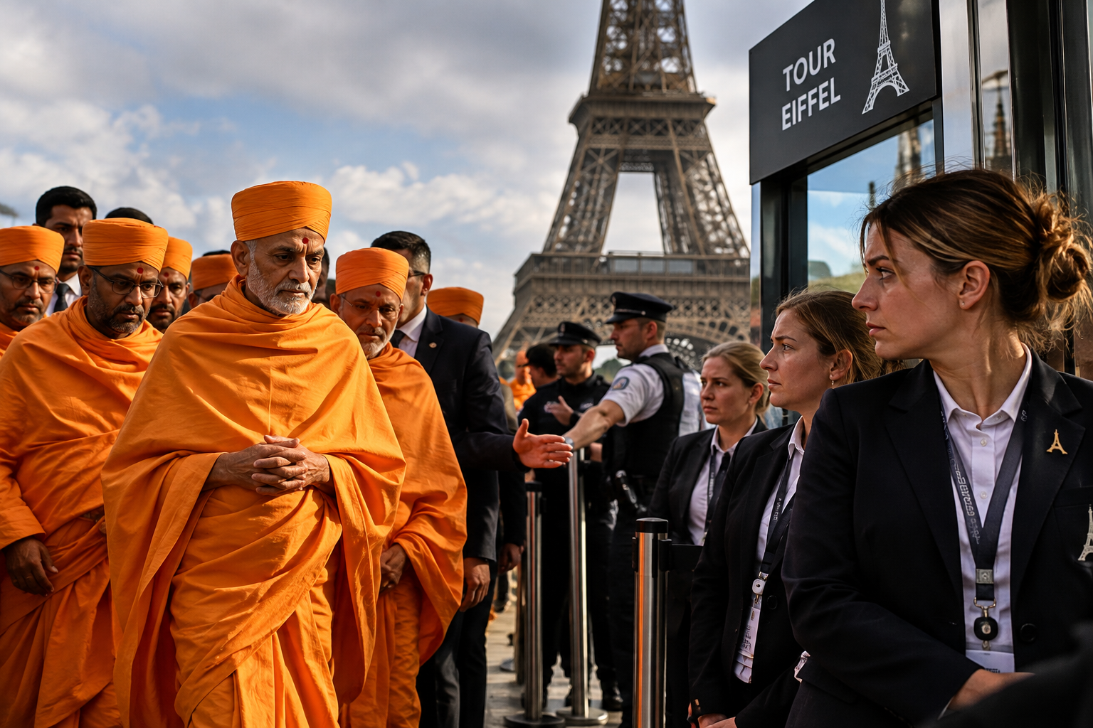 BAPS religious delegation and Eiffel Tower staff during controversial Paris visit